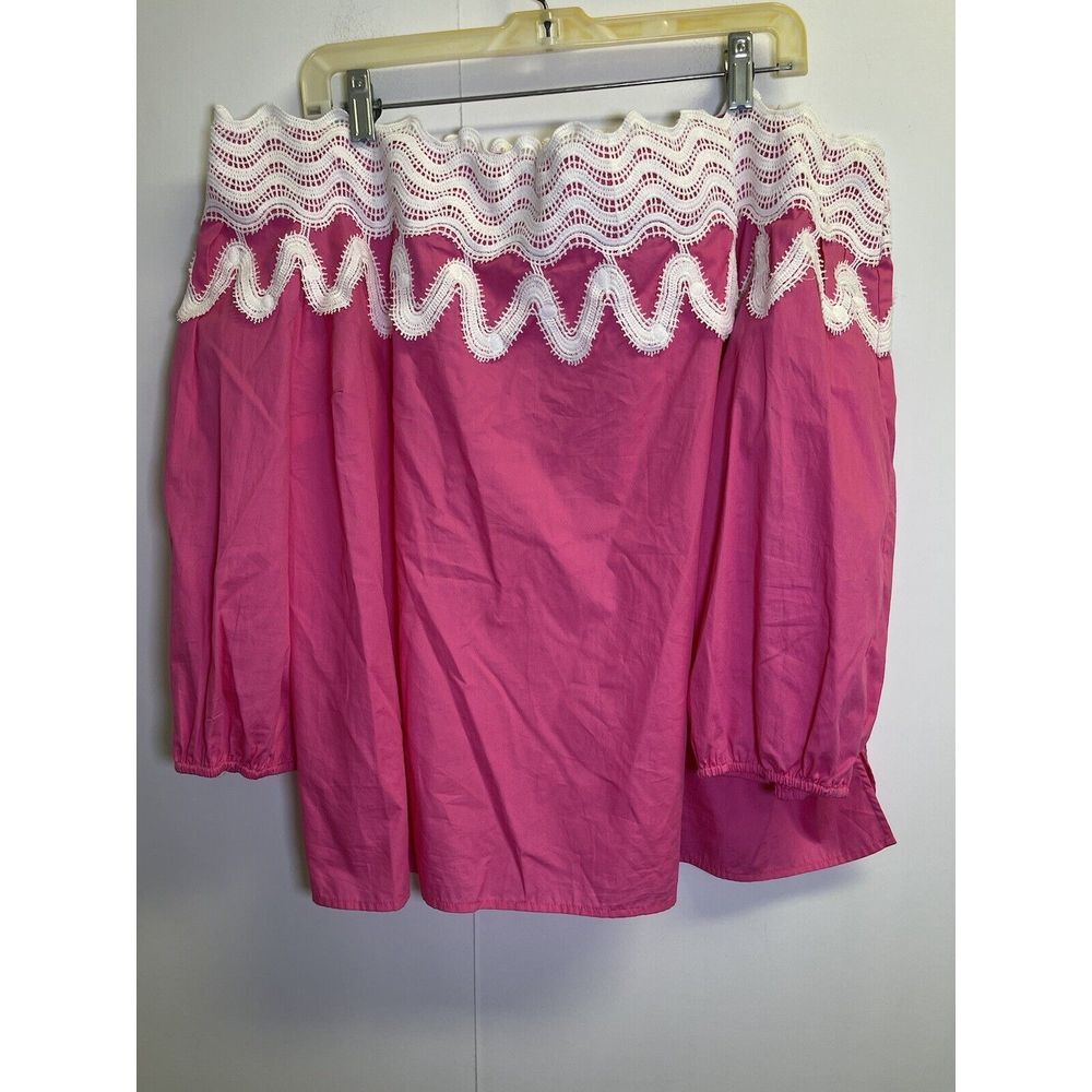 Crown Ivy Off Shoulder Shirt Women's XL Pink Crochet Lace Trim Cotton 3/4 Sleeve - Picture 2 of 5